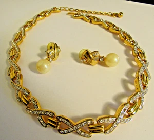 Vintage X LINK RHINESTONE & GOLDTONE BAR 16" NECKLACE with Pierced X Earrings - Picture 1 of 4