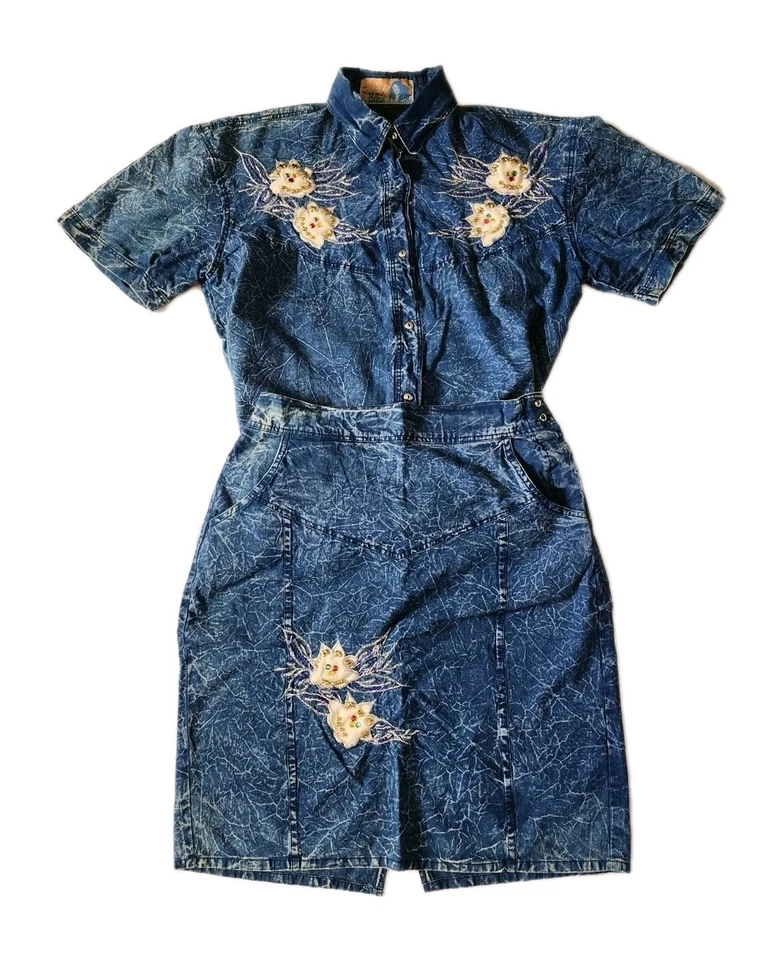 Conjunto de falda y top de mezclilla vintage años 80 estilo occidental con cuentas multicolores azul nieve Foto 1 de 4