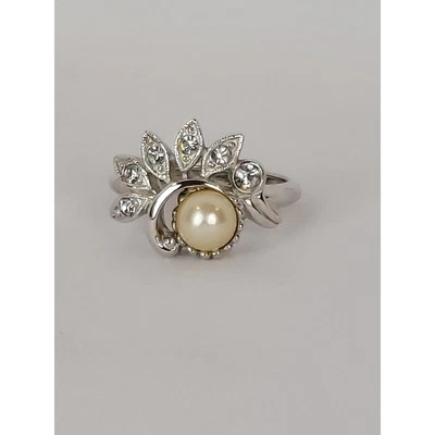 复古签名雅芳银色人造珍珠玻璃水晶戒指 尺寸 5.5 — 第 1/4 张图片