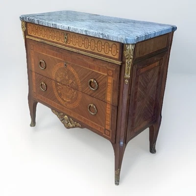 ANTIQUE FRENCH TRANSITIONAL STYLE MARBLE-TOP MARQUETRY COMMODE 3 DRAWER CHEST - Image 1 of 4