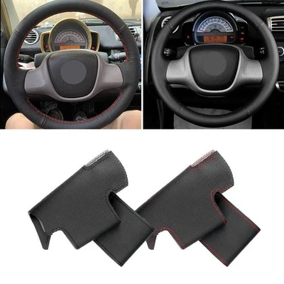 Cubierta de cuero para volante negro de costura hágalo usted mismo para Smart Fortwo 451 2009-2015 Foto 1 de 4