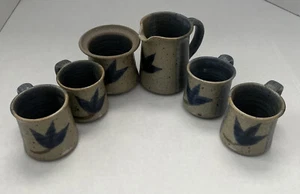 Vintage Stoneware Pottery Creamer & Sugar Bowl + 4 Espresso Coffee & Tea Cups - Picture 1 of 11
