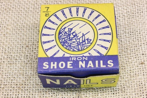 7/8” old Shoe NAILS 75 Tacks 3/16” round head vintage iron 1 BOX Holland MFG USA Cover