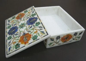 Caja de joyería de mármol incrustación de piedras semipreciosas hecha a mano trabajo decoración del hogar - Imagen 1 de 4