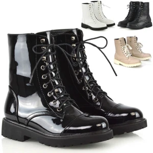 Womens Lace Up Ankle Boots Chunky Sole Ladies Retro Combat Goth Biker Shoes 3-8 - Picture 1 of 44