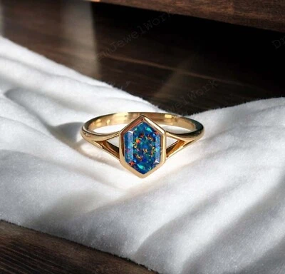 Anillo solitario oro rosa 14k 9x7 mm forma hexagonal ópalo negro natural regalo para mujer Foto 1 de 4