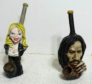 2 Figural Smoking Pipe Figures Bob Marley & Some Psycho Looking Woman in EUC - Picture 1 of 5