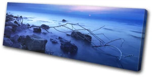 Schöne blaue Felsen Nebel Sonnenuntergang Meereslandschaft EINZELNE LEINWAND WANDBILD Bild Druck - Bild 1 von 1