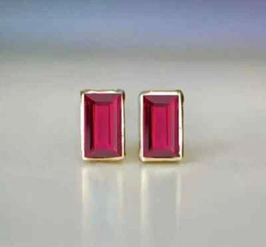 Lab Created Red Ruby 2Ct Emerald Cut Women's Stud Earring 14K Yellow Gold Plated - Picture 1 of 4