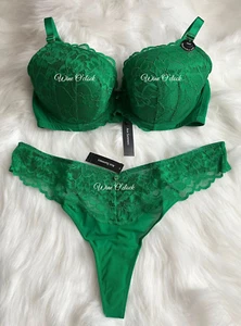 Ann Summers Sexy Lace New Padded Push Up Plunge Bra & Thong Green 32A~44G - Picture 1 of 14