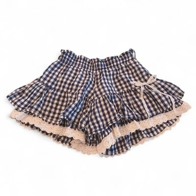 Shorts Sukapan vintage em camadas azul branco acabamento em renda Gingham  - Imagem 1 de 4