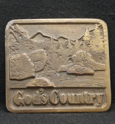 WD09129 HEBILLA DE CINTURÓN DE LATÓN VINTAGE 1976 *PAÍS DE DIOS* NATURALEZA RELIGIOSA Foto 1 de 2