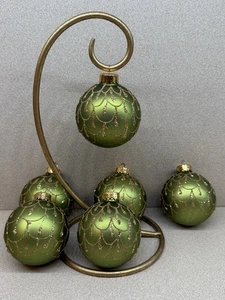 6 Ornamenti Natalizi Vetro 2,75” Verde Satinato e Oro Glitter Con Corone Oro - Foto 1 di 4
