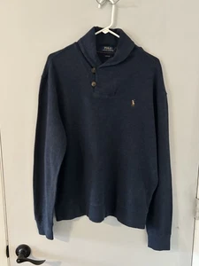 POLO RALPH LAUREN Sweater Mens L Estate Rib Shawl Collar Pullover Cotton Navy  - Picture 1 of 7