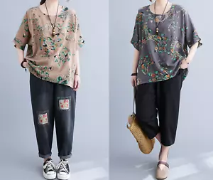 Damen kurzärmlig Baumwollmischung Blumenblusen Freizeit Top Rundhals T-Shirt - Bild 1 von 5