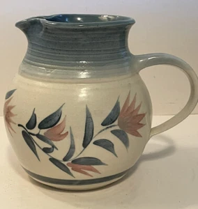 Vintage Studio Art Pottery Stoneware Pitcher Blue Floral Artist Signed 7"H - Picture 1 of 14