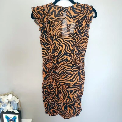 Vestido Express Mujer Talla Pequeña Estampado Tigre Volantes Negro Marrón Gasa Etiquetas Nuevo Foto 1 de 4