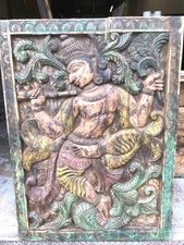 Fluting KRISHNA Carving Panel Vintage Wood Carved Krishna, Old WORLD ELEMENTS 