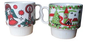 2 VTG Christmas Stacking Coffee Mugs Tea Cup Santa Angel Tree Bells Doves Holly - Picture 1 of 14