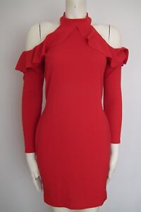 BOOHOO Plus Eva Crepe Ruffle Cold Shoulder High Neck Bodycon Red Dress Size 18
