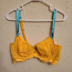 Cacique Unlined Balconette Bra 40DD Yellow Lace Teal Straps Underwire NWOT