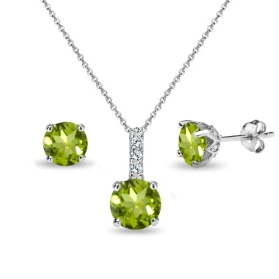 Round Crown Peridot & White Topaz Stud Earrings & Necklace Set in 925 Silver - Image 1 of 4