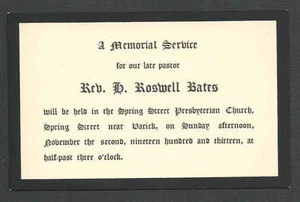 DATED 1913 MEMORIAL SVCE FOR LATE PASTOR REV ROSWELL BATES - Picture 1 of 1