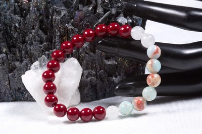 Edelstein Armband Zinnober & Shoushan-Stein & Weißer Jade | 8mm Kugelarmband - Bild 1 von 2