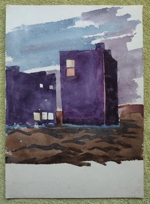 Vintage Soviet student watercolor painting evening city houses 1960s art 023 - Image 1 of 2