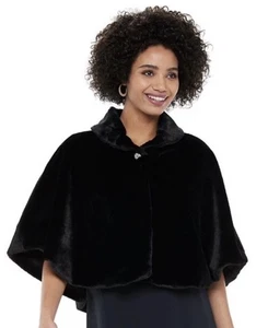 NINA LEONARD Size XL Black Faux Fur Capelet Crystal Accent Closure - Picture 1 of 6