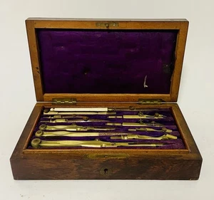 Antique Technical Mathematical Drawing Instruments Set Geometry in Rosewood Box - Picture 1 of 14