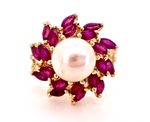 14K YELLOW GOLD PEARL AND GENUINE MARQUISE RUBY HALO RING - Picture 1 of 6