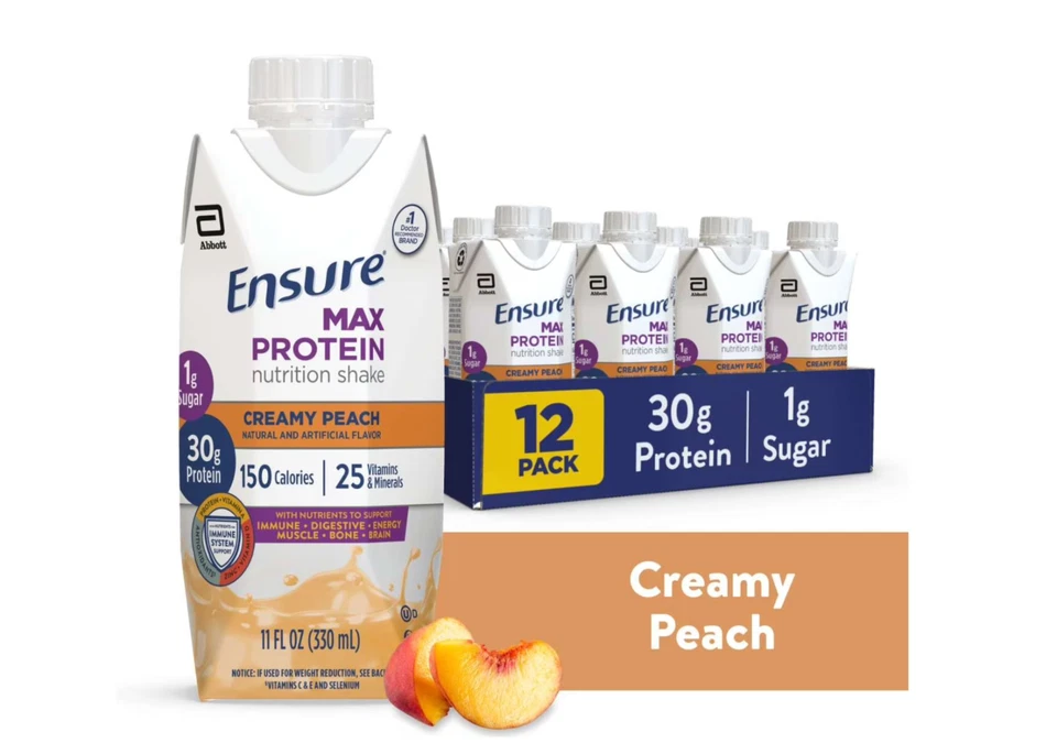 Batido Ensure Max Protein Nutrition, melocotón cremoso, 11 fl oz, 12 unidades Foto 1 de 1