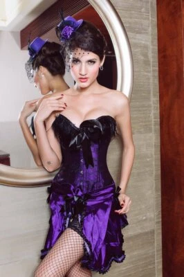 PURPLE AND BLACK LACE BURLESQUE STYLE CORSET/BASQUE WITH SKIRT  - FREE P+P - Image 1 of 2
