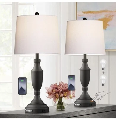 Set of 2 Large Nightstand Bedroom Lamps w/USB Port, Fabric Shade for Living Room - Image 1 of 4