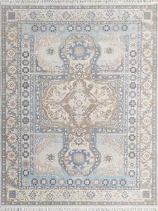 Wollteppich traditioneller handgeknüpfter orientalischer Design blau elfenbeinfarbener Teppich 8x10 -7157 - Bild 1 von 7