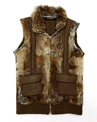 PVP $550 CHAQUETA CHALECO MARRÓN LANA Y PIEL DE CONEJO TEJIDO CABLE MADERA ROBLE PARA MUJER - M Foto 1 de 4
