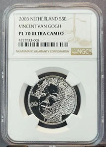 2003 NETHERLANDS SILVER 5 EURO VINCENT VAN GOGH NGC PL 70 ULTRA CAMEO RARE - Picture 1 of 3