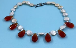 Sterling Silver Quartz Coin Pearl And Carnelian Teardrop Strand Necklace - Picture 1 of 5