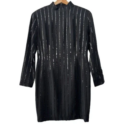 Pearl C Women’s Black 100% Wool Sequin Long Sleeve Dress Formal Elegant Party 8 - Image 1 of 4