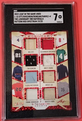 BRUCE LEE RELIC TIM DUNCAN MEL OTT FAVRE WHITEY FORD JERSEY CARD #19/25 SGC 7 NM - Image 1 of 2