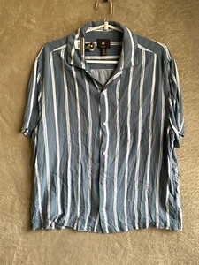 H&M Casual Shirts Top Size M Mens Green Blue Striped Logo Short Sleeve - Picture 1 of 11