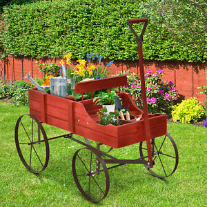 Wagon Garden Planter Cart Wooden Decorative Flower Pot Stand W/ 4 Large Wheels