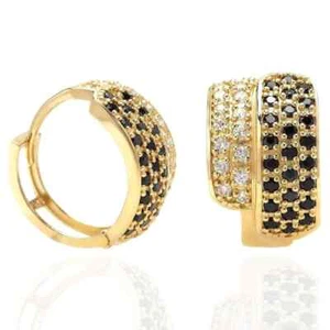 14K Yellow Gold 0.90Ct Black and White Stone Huggie Earrings - Picture 1 of 4