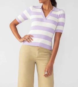 Sanctuary Women’s Prep Polo Rib Top White Lavender Stripe Sz Med - Picture 1 of 6