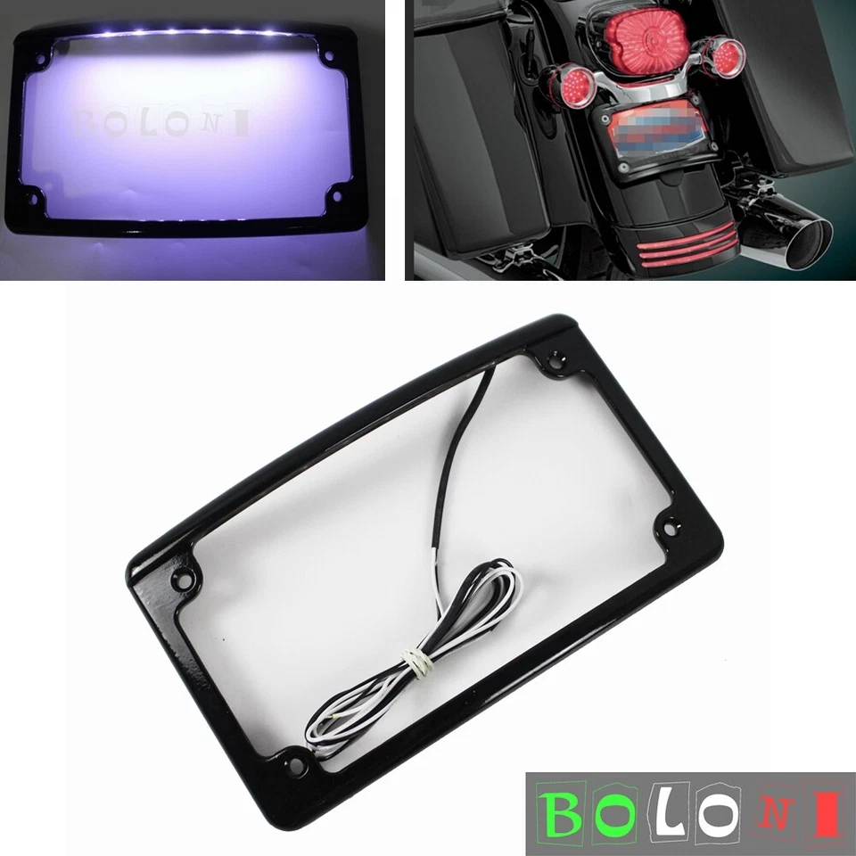 Marco de matrícula curvo de 7"X4" con 6 luces LED para Harley Touring Dyna Softail Foto 1 de 4