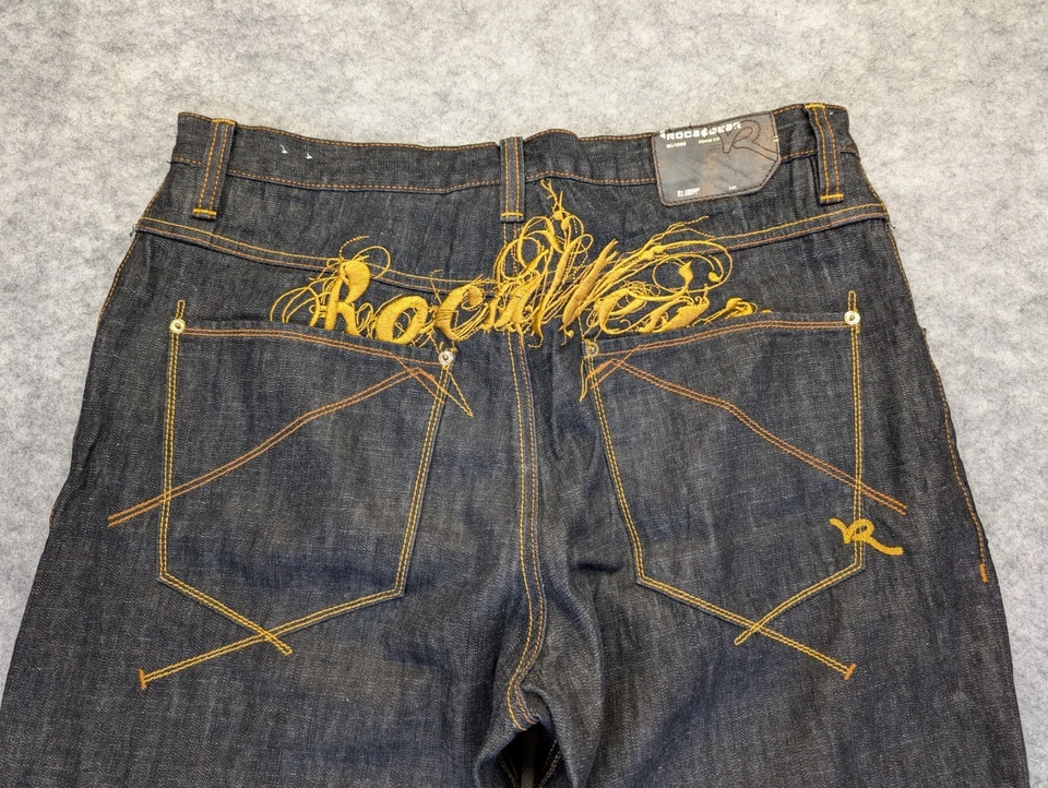 Rocawear Jeans Mens 36 Black Denim Embroidered Hip Hop Rap Jay Z Street - Image 1 of 4