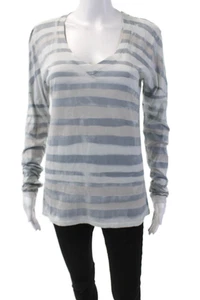 Marika Charles Womens Cotton Long Sleeve V-neck Stripped Top Blue Size 02 - Picture 1 of 5