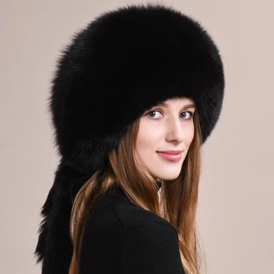 Sombrero de piel de zorro real cubierto completo para mujer piel de conejo ruso cálido Ushanka cosaco gorra Foto 1 de 4