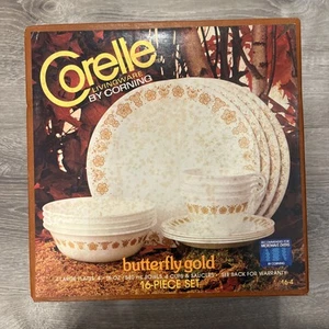 CORELLE BY CORNING LIVINGWARE BUTTERFLY GOLD 16 PC DINNERWARE SET NEW - Picture 1 of 3